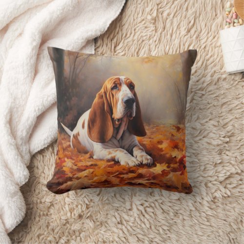 Basset Hound in Autumn Leaves Fall Inspire Throw Pillow