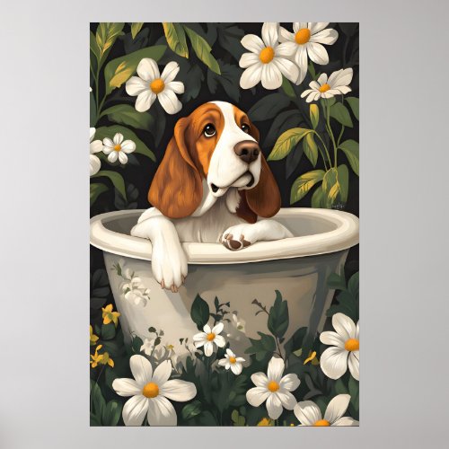Basset Hound In Bathtub Poster, Funny Dog Poster