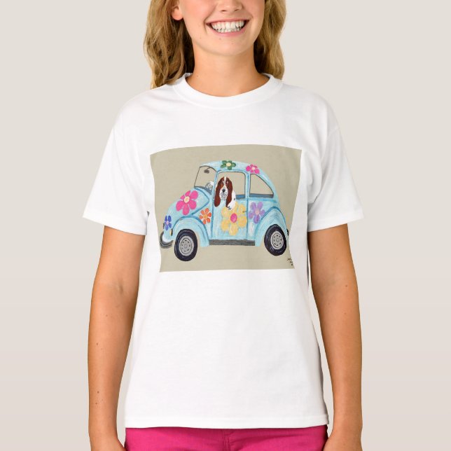 Basset Hound in Hippie Car T-Shirt (Front)