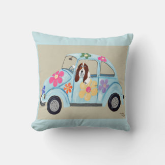 Basset Hound in Hippie Car Throw Pillow