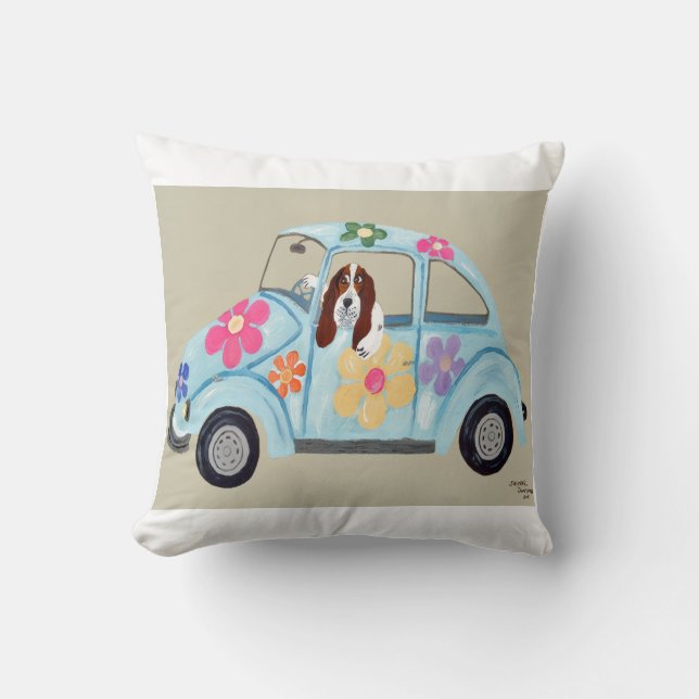 Basset Hound in Hippie Car Throw Pillow (Front)
