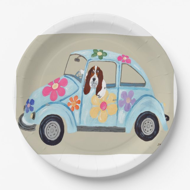  Basset Hound in Hippy car Paper Plates (Front)