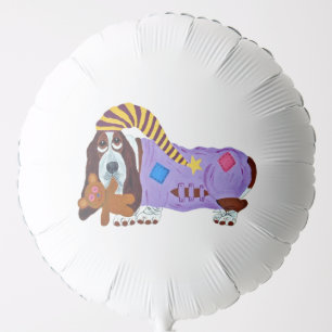 Basset Hound in PJs with teddy bear Balloon