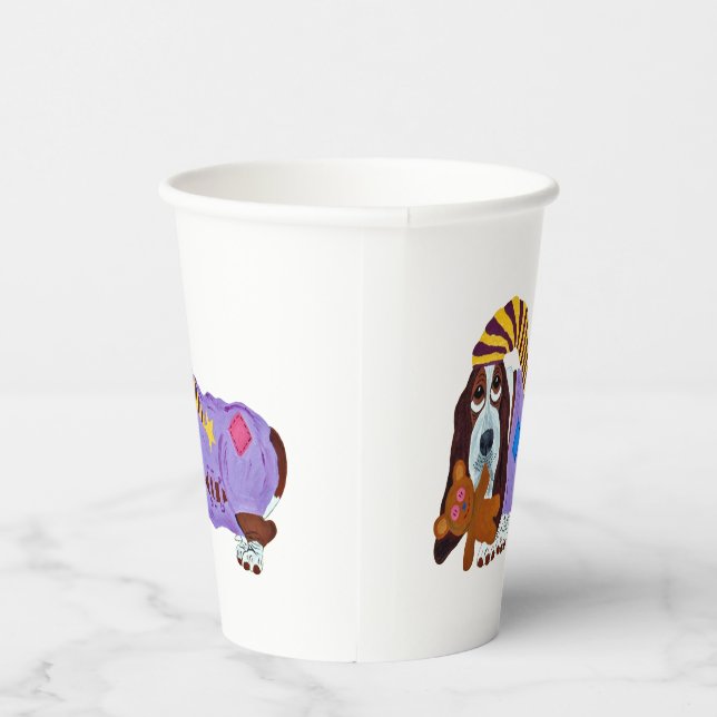 Basset Hound in PJs with Teddy Bear Paper Cups (Right)