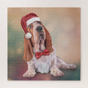 Basset Hound in red hat of Santa Claus Jigsaw Puzzle