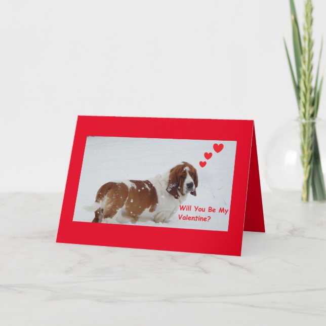 Basset hound in snow on Valentine's Day card (Front)