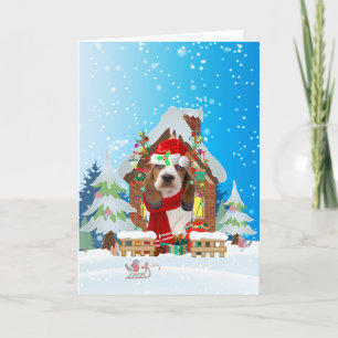 Basset Hound in snow with Christmas gifts Card