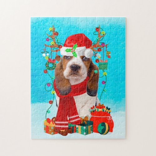 Basset Hound in snow with Christmas gifts Jigsaw Puzzle