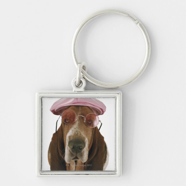 Basset hound in sunglasses and cap keychain (Front)