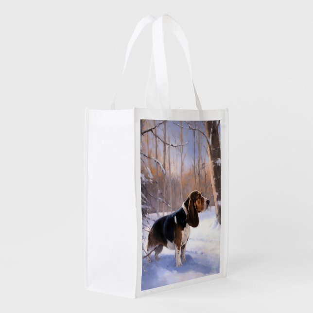 Basset Hound Let It Snow Christmas Grocery Bag (Back Side)
