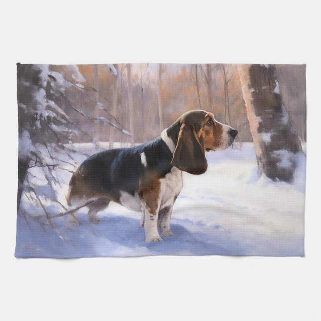 Basset Hound Let It Snow Christmas Kitchen Towel (Horizontal)