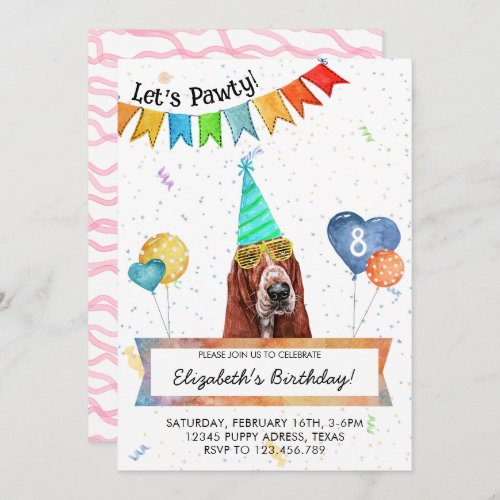 Basset Hound Lets Pawty Dog Birthday Party Invitation