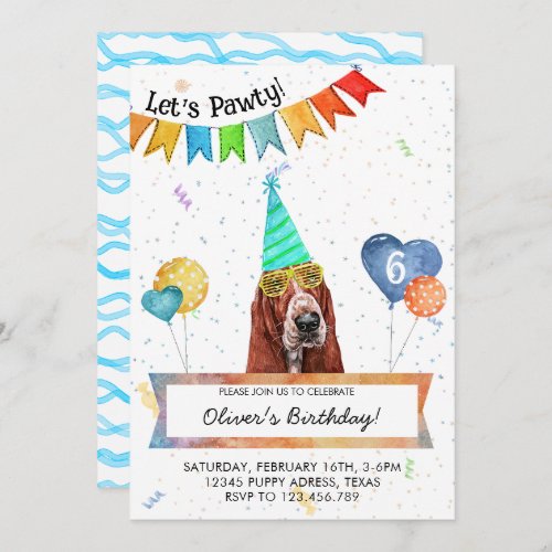 Basset Hound Lets Pawty Dog Birthday Party Invitation