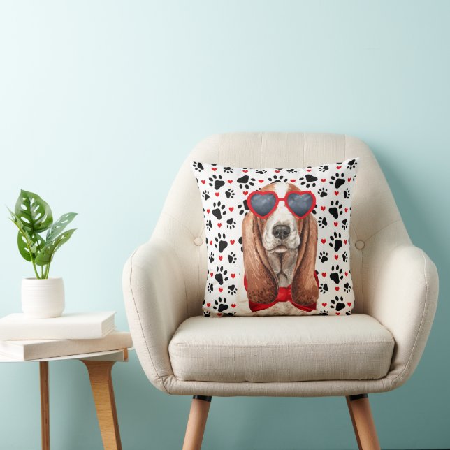 Basset Hound Love and Paw Prints Dog Lover Throw Pillow (Chair)