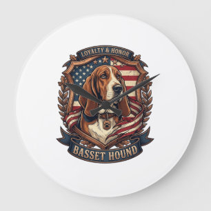 Basset Hound Loyalty Honor Dog American Flag Shiel Large Clock