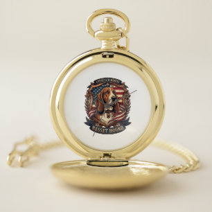Basset Hound Loyalty Honor Dog American Flag Shiel Pocket Watch