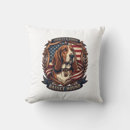 Basset Hound Loyalty Honor Dog American Flag Shiel Throw Pillow