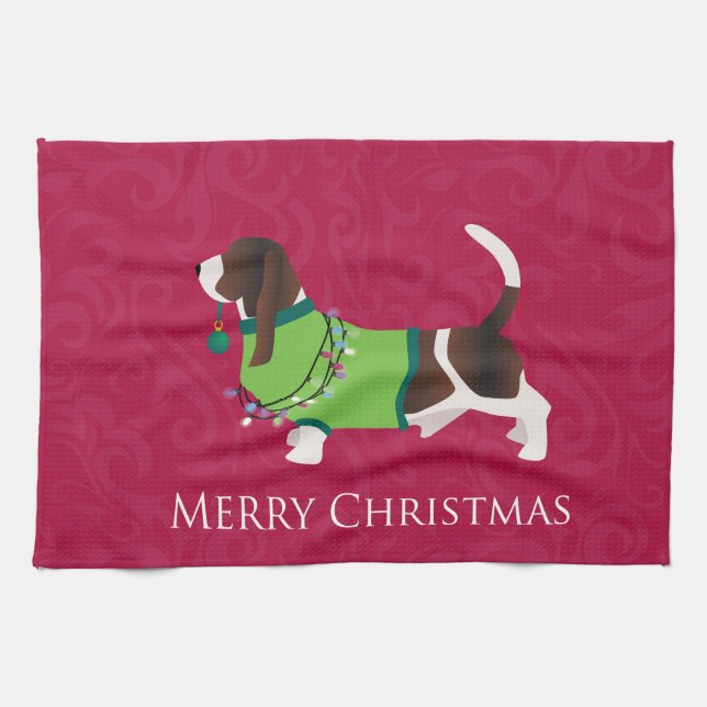 Basset Hound Merry Christmas Design Towel (Horizontal)