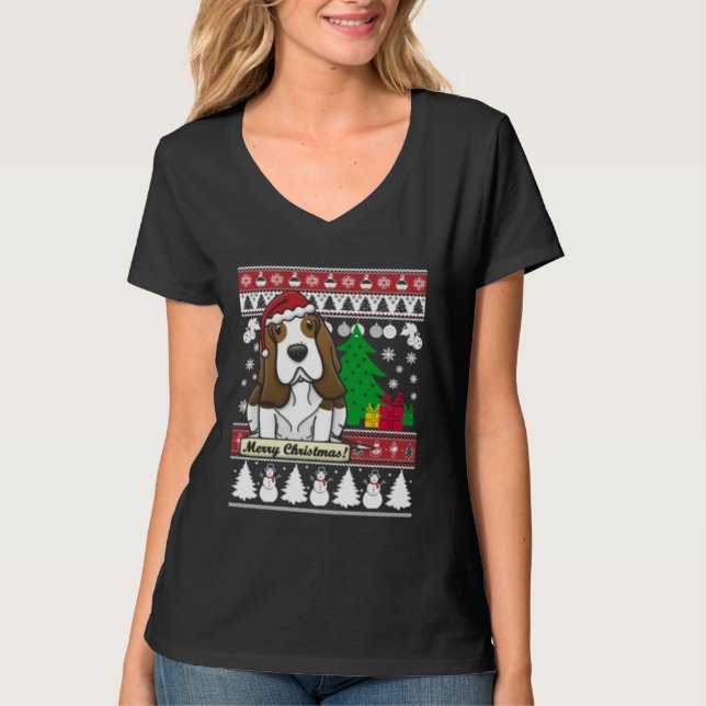 Basset Hound Merry Christmas Tree Dog Xmas Snow Sa T-Shirt (Front)