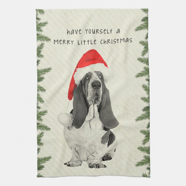Basset Hound Merry Little Christmas Kitchen Towel (Vertical)