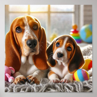 Basset Hound mom and her puppy Poster