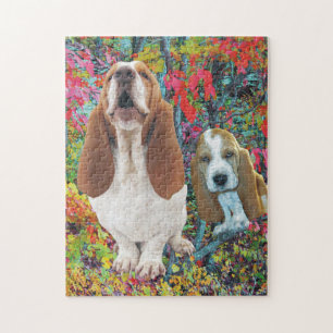 Basset Hound Mom & Puppy in Autumn Jigsaw Puzzle