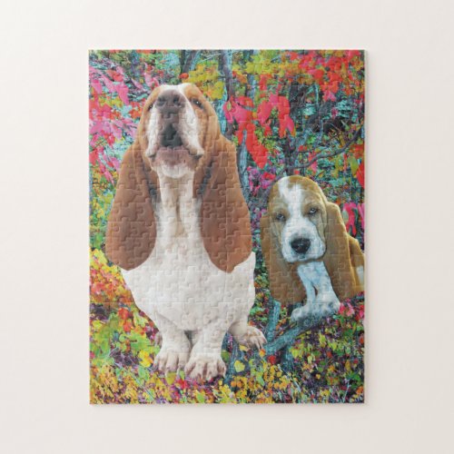 Basset Hound Mom  Puppy in Autumn Jigsaw Puzzle