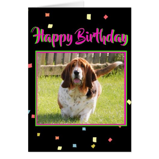 Basset Hound On Cute Birthday Card W/Cake (Front)