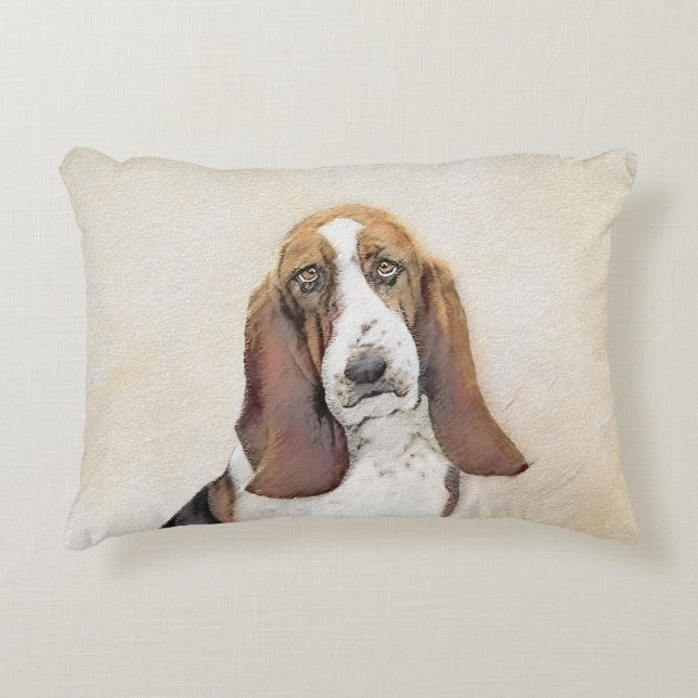 Basset Hound Painting - Cute Original Dog Art Accent Pillow (Front)
