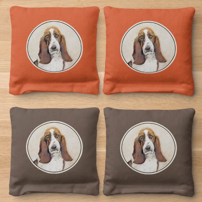 Basset Hound Painting - Cute Original Dog Art Cornhole Bags (Wood)