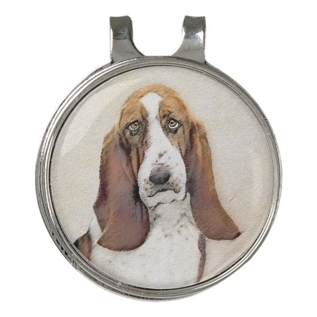 Basset Hound Painting - Cute Original Dog Art Golf Hat Clip (Front)