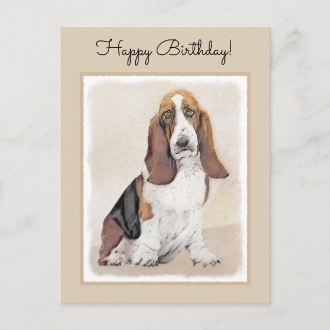 Basset Hound Painting - Cute Original Dog Art Postcard (Front)
