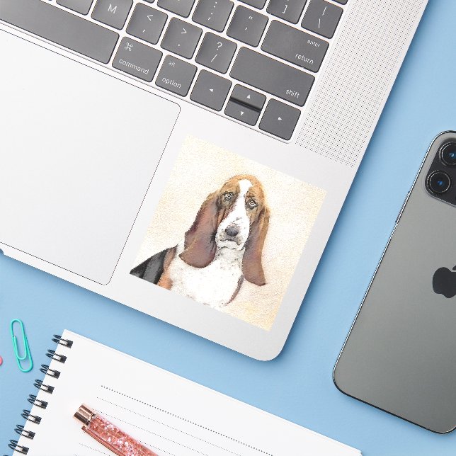 Basset Hound Painting - Cute Original Dog Art Sticker (Laptop w/ iPhone)