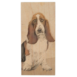Basset Hound Painting - Cute Original Dog Art Wood Flash Drive