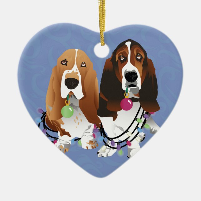 Basset Hound Peace Love Joy Christmas Design Ceramic Ornament (Front)