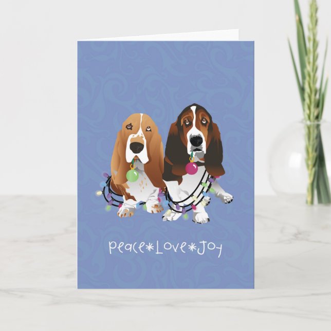 Basset Hound Peace Love Joy Christmas Design Holiday Card (Front)