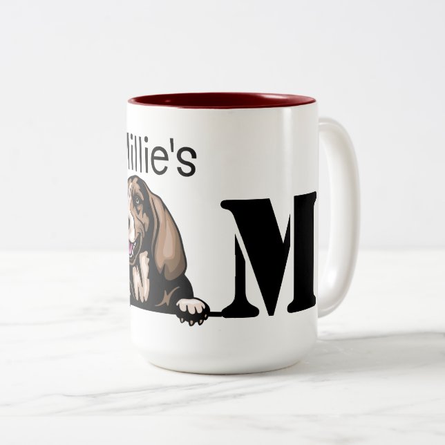 Basset Hound Personalized Peeking Mom Two-Tone Coffee Mug (Front Right)