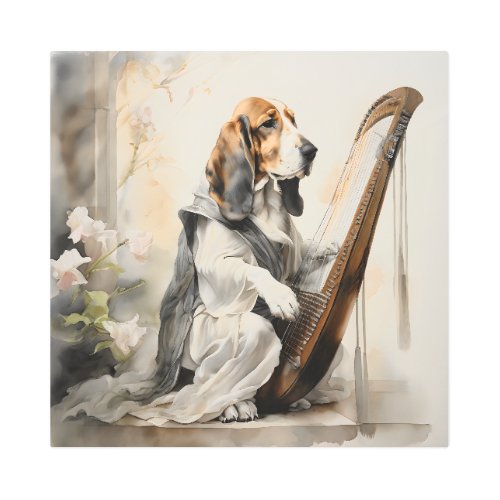 Basset Hound Playing a Harp Angelic Costume Ink Metal Print