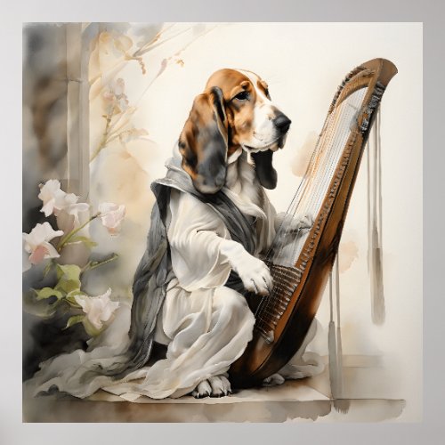 Basset Hound Playing a Harp Angelic Costume Ink Poster