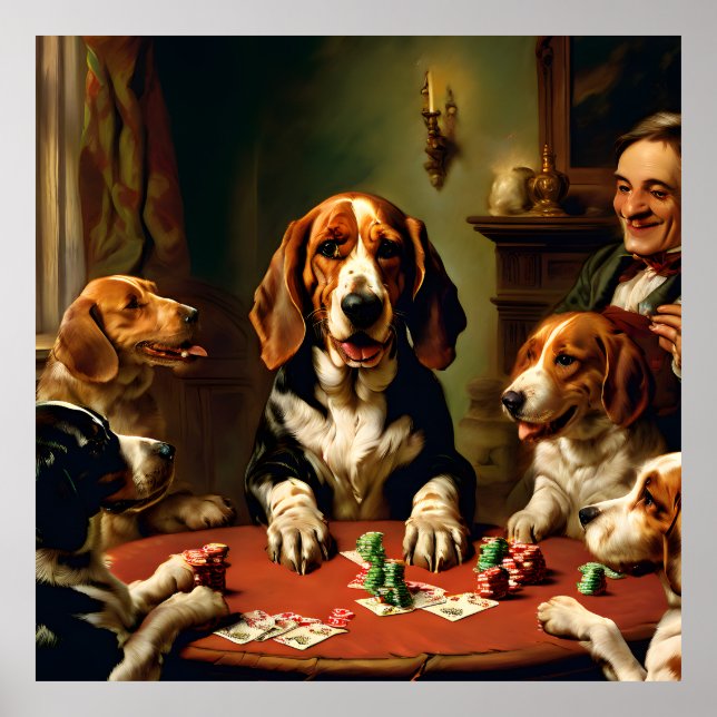 Basset Hound Playing Poker Vintage Portrait Poster (Front)