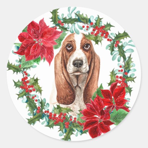 Basset Hound Poinsettia Holly Holiday Wreath Classic Round Sticker