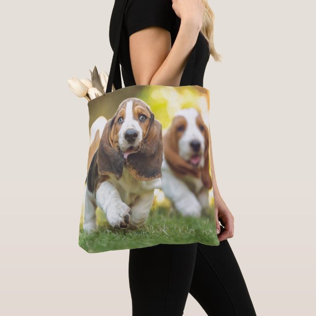 Basset Hound Puppies Running Tote Bag (Close Up)