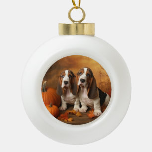 Basset Hound Puppy Autumn Delight Pumpkin Ceramic Ball Christmas Ornament
