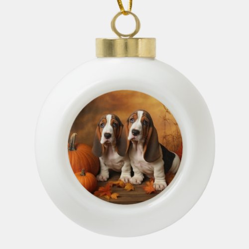 Basset Hound Puppy Autumn Delight Pumpkin  Ceramic Ball Christmas Ornament