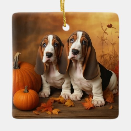 Basset Hound Puppy Autumn Delight Pumpkin  Ceramic Ornament