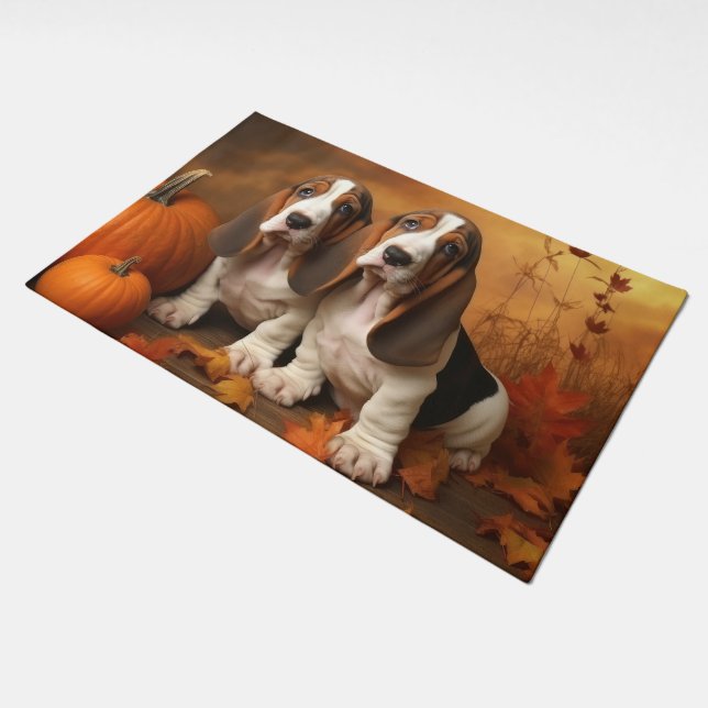 Basset Hound Puppy Autumn Delight Pumpkin  Doormat (Angled)