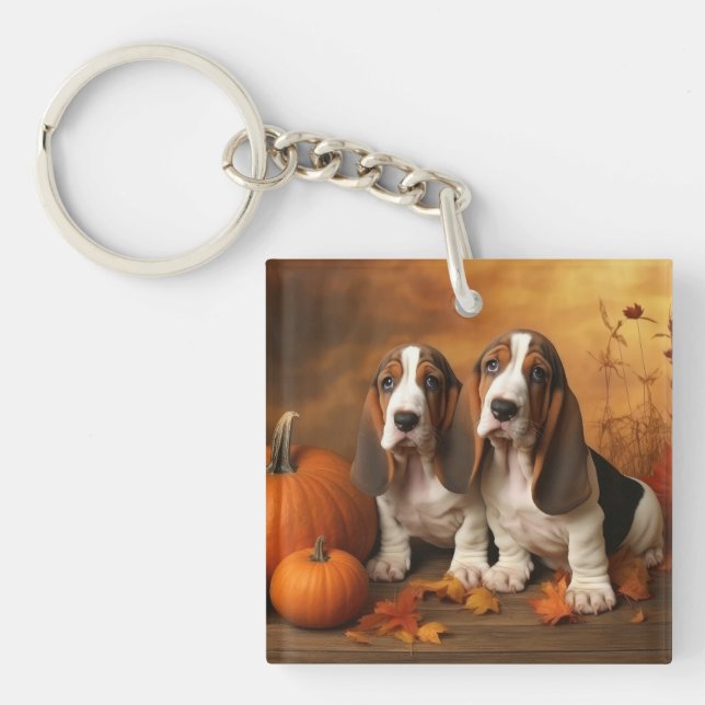 Basset Hound Puppy Autumn Delight Pumpkin  Keychain (Front)
