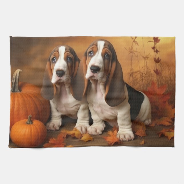 Basset Hound Puppy Autumn Delight Pumpkin  Kitchen Towel (Horizontal)