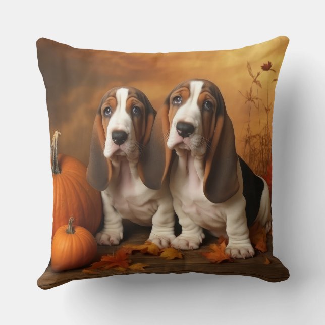 Basset Hound Puppy Autumn Delight Pumpkin  Throw Pillow (Back)