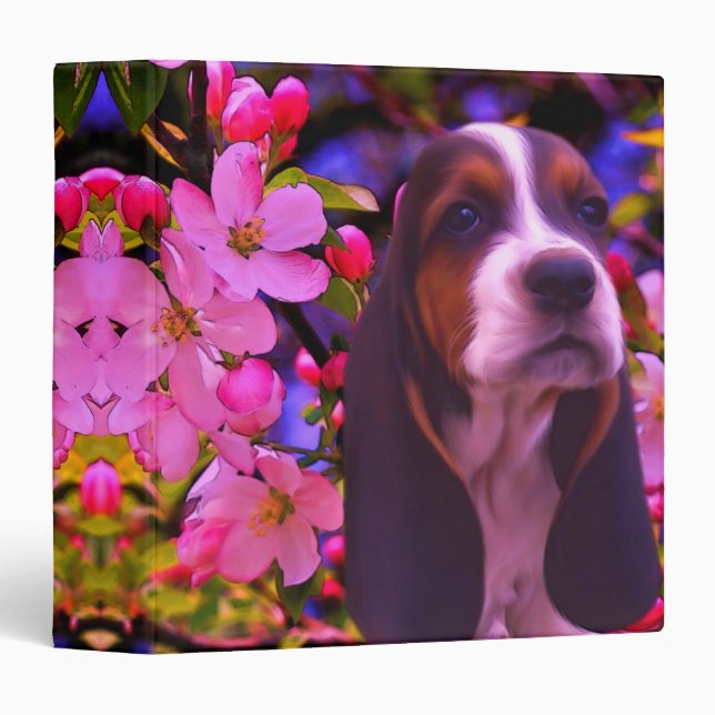 Basset Hound Puppy Blossoms Dog Art  3 Ring Binder (Front/Spine)